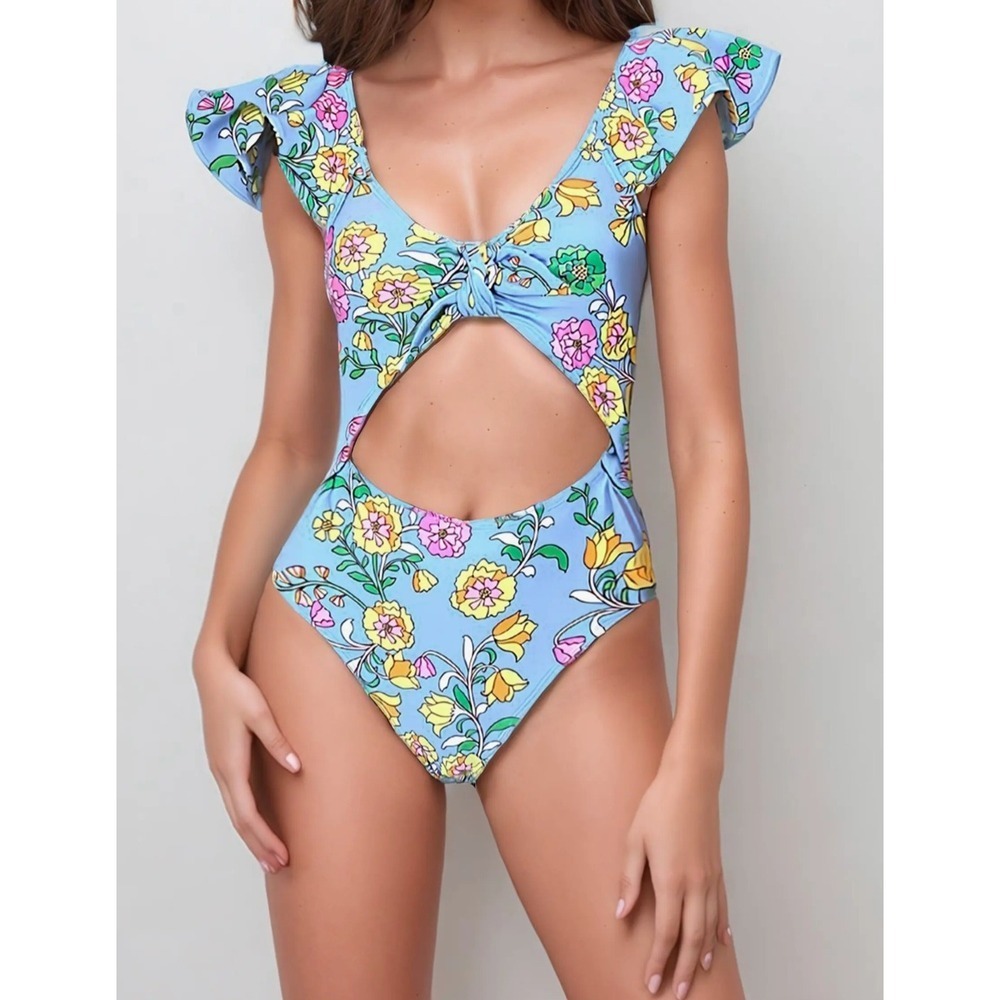 Jessie Zhao New York Flower One Piece Swimsuit Blue Multi Ruffle Cutout‎ Size M